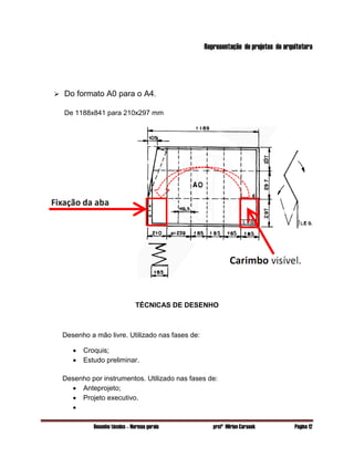 Desenho técnico – Normas gerais profª Mirian Carasek Página 12
Representação de projetos de arquitetura
 Do formato A0 para o A4.
De 1188x841 para 210x297 mm
TÉCNICAS DE DESENHO
Desenho a mão livre. Utilizado nas fases de:
 Croquis;
 Estudo preliminar.
Desenho por instrumentos. Utilizado nas fases de:
 Anteprojeto;
 Projeto executivo.

 