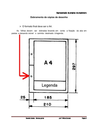Desenho técnico – Normas gerais profª Mirian Carasek Página 8
Representação de projetos de arquitetura
Dobramento de cópias de desenho
 O formato final deve ser o A4.
As folhas devem ser dobradas levando em conta a fixação da aba em
pastas e deixando visível o carimbo destinado à legenda.
 