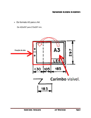 Desenho técnico – Normas gerais profª Mirian Carasek Página 9
Representação de projetos de arquitetura
 Do formato A3 para o A4.
De 420x297 para 210x297 mm.
Fixação da aba
 