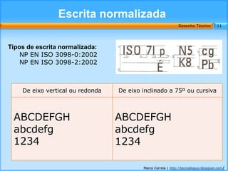 Escrita normalizada
                                                              Desenho Técnico        11




Tipos de escrita normalizada:
    NP EN ISO 3098-0:2002
    NP EN ISO 3098-2:2002



    De eixo vertical ou redonda   De eixo inclinado a 75º ou cursiva



 ABCDEFGH                         ABCDEFGH
 abcdefg                          abcdefg
 1234                             1234

                                          Marco Correia | http://tecnoblogue.blogspot.com/
 