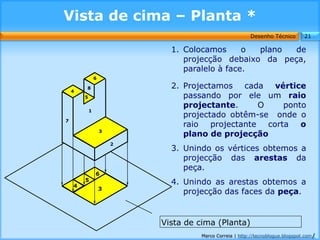 Vista de cima – Planta *
                                                         Desenho Técnico        21

                              1. Colocamos      o plano  de
                                 projecção debaixo da peça,
                                 paralelo à face.
                6

        8                     2. Projectamos cada vértice
    4
        5                        passando por ele um raio
                                 projectante.      O    ponto
            1
                                 projectado obtêm-se onde o
7
                                 raio   projectante corta o
                    3
                                 plano de projecção
                        2
                              3. Unindo os vértices obtemos a
                                 projecção das arestas da
                                 peça.
                6

    4
        5                     4. Unindo as arestas obtemos a
                    3
                                 projecção das faces da peça.


                            Vista de cima (Planta)
                                     Marco Correia | http://tecnoblogue.blogspot.com/
 