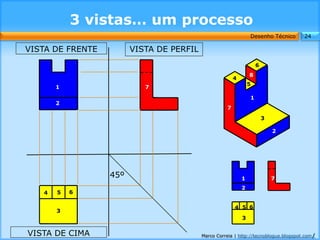 3 vistas… um processo
                                                                Desenho Técnico      24

VISTA DE FRENTE         VISTA DE PERFIL
                                                                    6
                                                                8
                                                        4
                                                                5
       1                   7

                                                                1
       2
                                                    7
                                                                        3

                                                                            2




                  45º                                       1               7
                                                            2
   4   5   6

                                                        4 5 6
       3
                                                            3


VISTA DE CIMA                             Marco Correia | http://tecnoblogue.blogspot.com/
 