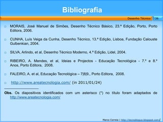 Bibliografia
                                                                                 Desenho Técnico        36

   MORAIS, José Manuel de Simões, Desenho Técnico Básico, 23.ª Edição, Porto, Porto
    Editora, 2006.

   CUNHA, Luís Veiga da Cunha, Desenho Técnico, 13.ª Edição, Lisboa, Fundação Calouste
    Gulbenkian, 2004.

   SILVA, Arlindo, et al, Desenho Técnico Moderno, 4.ª Edição, Lidel, 2004.

   RIBEIRO, A. Mendes, et al, Ideias e Projectos - Educação Tecnológica - 7.º e 8.º
    Anos, Porto Editora, 2008.

   FALEIRO, A. et al, Educação Tecnológica – 7|8|9., Porto Editora, 2008.

  http://www.areatecnologia.com/ (in 2011/01/24)
_________________
Obs. Os diapositivos identificados com um asterisco (*) no título foram adaptados de
  http://www.areatecnologia.com/




                                                             Marco Correia | http://tecnoblogue.blogspot.com/
 