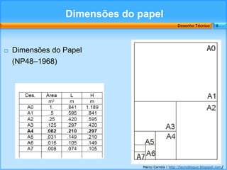 Dimensões do papel
                                                   Desenho Técnico        8




   Dimensões do Papel
    (NP48–1968)




                               Marco Correia | http://tecnoblogue.blogspot.com/
 