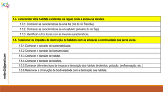 1.3. Caracterizar dois habitats existentes na região onde a escola se localiza.
1.3.1. Conhecer as características de uma foz (foz do rio Trancão).
1.3.2. Conhecer as características de um estuário (estuário do rio Tejo).
1.3.3. Identificar outros locais com as mesmas características.
1.5. Relacionar os impactes da destruição de habitats com as ameaças à continuidade dos seres vivos.
1.5.1.Conhecer o conceito de sustentabilidade.
1.5.2.Conhecer o conceito de biodiversidade.
1.5.3.Conhecer o conceito de habitat.
1.5.4.Conhecer o conceito de biosfera.
1.5.5.Conhecer diferentes tipos de impacto e destruição dos habitats (incêndios, poluição, desflorestação, etc. )
1.5.6.Relacionar a diminuição de biodiversidade com a destruição dos habitats.
neldav25@gmail.com
 