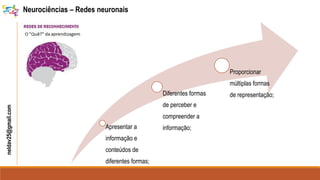 neldav25@gmail.com
Apresentar a
informação e
conteúdos de
diferentes formas;
Diferentes formas
de perceber e
compreender a
informação;
Proporcionar
múltiplas formas
de representação;
Neurociências – Redes neuronais
 