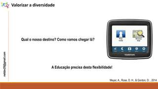 neldav25@gmail.com
Qual o nosso destino? Como vamos chegar lá?
Valorizar a diversidade
A Educação precisa desta flexibilidade!
Meyer, A., Rose, D. H., & Gordon, D. , 2014
 