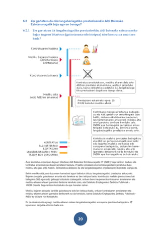 6.2     Zer gertatzen da nire langabeziagatiko prestazioarekin Aldi Baterako
        Ezintasunagatik baja egoran banago?

6.2.1    Zer gertatzen da langabeziagatiko prestazioekin, aldi baterako ezintasuneko
         bajan nagoen bitartean (gaixotasuna edo istripua) nire kontratua amaitzen
         bada?




 Zure kontratua indarrean dagoen bitartean Aldi Baterako Ezintasunagatik (IT (ABE)) baja hartzen baduzu eta
 kontratua amaitutakoan bajan jarraitzen baduzu, ITgatiko prestazio ekonomikoa jasotzen jarraituko duzu
 mediku-alta jaso arte; halere, zenbatekoa aldatuko da eta langabeziagatiko prestazioaren baliokide izango da.

 Behin mediku-alta jaso duzunean hamabost egun baliodun dituzu langabeziagatiko prestazioa eskatzeko.
 Bajaren zergatia gaixotasun arrunta edo lanekoa ez den istripua bada, kontribuzio mailako prestazioren bat
 balegokio 360 egun edo gehiago kotizatuta izateagatik, orduan bere iraupenari kontratuaren amaieraren eta
 mediku-altaren artean igarotako denbora kenduko zaio, eta Estatuko Enplegurako Zerbitzu Publikoak -
 INEM Gizarte Segurantzan kotizatuko du epe honetan zehar.

 Mediku-bajaren zergatia lanbide gaixotasuna edo lan istripua bada, orduan kontratuaren amaieraren eta
 mediku-altaren artean igarotako denborarik ez da kenduko, baina Estatuko Enplegurako Zerbitzu Publikoak -
 INEM ez du epe hori kotizatuko.

 Ez da deskonturik egongo mediku-altaren ostean langababeziagatiko sorospena jasotzea badagokizu, IT
 egoeraren zergatia edozein bada ere.




                                                    20
 