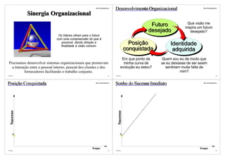 http://vslins.blogspot.com
                                                                                        Desenvolvimento Organizacional                      http://vslins.blogspot.com




             Sinergia Organizacional
                                                                                                               Futuro              Que visão me
                                                                                                                                 inspira um futuro
                                                                                                              desejado              desejado?
                                 Os líderes olham para o futuro
                                com uma compreensão do que é
                                   possível, dando direção e
                                   finalidade à visão comum.
                                                                                                       Posição          Identidade
                                                                                                     conquistada         adquirida
                                                                                               Em que ponto da     Quem sou eu de modo que
 Precisamos desenvolver sistemas organizacionais que promovam                                   minha curva de     se eu deixasse de ser assim
   a interação entre o pessoal interno, pessoal dos clientes e dos                            evolução eu estou?     sentiriam muita falta de
            fornecedores facilitando o trabalho conjunto.                                                                     mim?
©VSLins                                                                           81    ©VSLins                                                                    82




Posição Conquistada                                        http://vslins.blogspot.com
                                                                                        Sonho do Sucesso Imediato                           http://vslins.blogspot.com




                                                                                           Sucesso
   Sucesso




      A                                                                                       A



                                                        Tempo                                                                             Tempo
©VSLins                                                                           83    ©VSLins                                                                    84
 