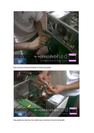 Aquí estamos desatornillando la fuente de poder.




Hay podemos observar los cables que conectan la fuente de poder.
 