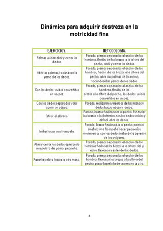 Dinámica para adquirir destreza en la
          motricidad fina




                  8
 