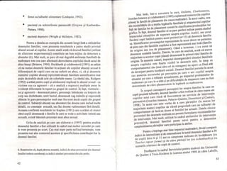 •
•
femei cu tulburări alimentare (Lindquist, 1992);
pacienţi cu schizofrenie paranoidă (Grzywa şi Kucharska-
Pietura, 1998);
• pacienţi depresivi (Wright şi McIntyre, 1982).
Pentru a detalia un exemplu din această lungă listă a utilizărilor
desenului familiei, vom prezenta rezultatele a patru studii privind
abuzul sexual al copiilor. Aceste studii arată că desenul familiei (utilizat
de clinicieni experimentaţi) constituie un bun mijloc de detectare a
abuzului (6). Mai mult, se pare că mai degrabă ambianţa familială de
maltratare este cea care afectează dezvoltarea copilului decât actul de
abuz însuşi (Bristow, 1994). Hackbarth şi colaboratorii (1991) au arătat
că nu numai desenele familiei în acţiune ale copiilor abuzaţi sexual îi
diferenţiază de copiii care nu au suferit un abuz, ci, că şi desenele
mamelor copiilor abuzaţi reprezintă situaţii familiale semnificative mai
puţin dezirabile decât cele ale celorlalte mame. La rândul său, Rodgers
(1992) a arătat pentru copii şi adolescenţi implicaţi În abuzul sexual - ca
victime sau ca agresori - că o analiză a regresiei multiple pune În
evidenţă diferenţele În raport cu grupul de control. În fapt, victimele -
ca şi agresorii - desenează paturi, personaje Îmbrăcate cu lenjerie de
corp sau dezbrăcate, omit bustul, desenează vag mâinile şi reprezintă
obiecte În gura personajelor mult mai ti'ecvent decât copiii din grupul
de control. Subiecţii abuzaţi sau abuzatori fac desene care includ multe
detalii, cu conotaţie sexuală, sau fac desene rudimentare fără detalii.
Aceasta confirmă rezultatele lui Kaplan (I 991) care a arătat că atunci
când copiii desenează o familie în care se vede o activitate intimă sau
sexuală, există bănuiala prezenţei unui abuz sexual.
Grila de analiză pe care am elaborat-o (1997) pentru analiza
desenului familiei a fost utilizată în cadrul mai multor cercetări pe care
le vom prezenta pe scurt. Cea mai mare parte nefiind terminate, vom
prezenta mai ales contextul acestora şi specificitatea contribuţiei lor la
desenul familiei.
6. Reamintim că, după părerea noastră, indicii de abuz provenind din desenu I
familiei trebuie coroboraţi cu indicii similari provenind din alte probe.
42
,
 1
I
Mai întâi, într-o cercetare În curs, Oullette, Charbonneau,
Jourdan-Ionescu şi colaboratorii (1999) explorează traiectoriile copiilor
plasaţi în familii de plasament din cauza maltratării. În acest cadru, una
din modalităţile de-a studia legăturile familiale şi ataşamentul copiilor
faţă de familia lor de plasament constă În clasificarea producţiilor lor
grafice. În fapt, desenul familiei ni se pare perfect indicat pentru studiul
impactului situaţiilor de separare asupra copiilor. Astfel, am cerut
fiecărui CQpil întâlnit pentru acest proiect (n=15) să deseneze familia
sa. Identificarea personajelor reprezentate în acest desen ne permitea
să ştim care din familiile copilului a fost reprezentată mai Întâi (familia
de origine sau cea de plasament). Când a terminat, i s-a cerut să
deseneze cealaltă familie. Datele, în curs de analiză, arată că marea
majoritate a acestor copii plasaţi desenează În primul rând familia de
origine. În anumite cazuri, impactul dezorganizării situaţiei familiale
asupra copilului este foarte vizibil În desenele sale, În timp ce
comportamentul său (mai ales cel de retragere) nu apare ca fiind atât
de deranjant pentru lucrătorii sociali. Desenul familiei permite în acest
caz punerea accentului pe percepţia pe care o are copilul asupra
situaţiei pe care o trăieşte actualmente, pe impactul problemelor de
maltratare pe care le-a trăit şi pe dificultăţile de ataşament care au fost
determinate de către plasamentele În legătură cu maltratarca.
În scopul cunoaşterii percepţiei lor asupra familiei În care un
copil prezintă tulburări, desenul familiei a fost realizat de către mame ale
copiilor mici care riscă să frecventeze un serviciu de intervenţie
preventivă (Jourdan-lonescu, Palacio-Quintin, Desaulnier şi Couture,
1998). în acest caz este vorba de a cere părinţilor (în marea lor
majoritate mame) copiilor de vârstă preşcolară care au tulburări de
comportament să facă un desen al familiei lor actuale. Datele clinice
provenind din desenele realizate au permis formularea recomandărilor
de intervenţie. Mai mult, utilizat În cadrul atelierelor de intervenţie
preventivă, desenul familiei poate servi pentru a determina
conştientizarea părinţilor care participau la atelier.
Pentru a Înţelege mai bine impactul maltratării, Brule compară
indicii de intemalizare şi de extemalizare În testul desenului familiei a 30
de copiii între 6 şi 11 ani cu simptome indicate de Învăţătoare (cu
Teacher reparI forme) şi de către părinţii lor (cu Achenbach) şi cu
scorurile a treizeci de copii de control.
Desfăşurat În cadrul Serviciului pentru studenţi din Universite
du Quebec il Trois-Rivieres în toamna anului 1998 de către Labelle,
43
 