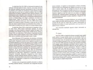 La rândul său, Kim ehi (1989) se interesează de maniera în care
subiectul utilizează spaţiul în desen, respectiv, cum anume interiorul
său întâlneşte realitatea exterioară reprezentată de foaie. El reia ideea
lui Abraham (1977) după care individul îşi va plasa desenul în pagină
strâns legat de locul pe care şi-I conferă în realitate. Kim ehi (1989)
separă tipurile de utilizare a spaţiului în două: utilizarea centrului, şi alte
amplasamente (zone verticale şi zone orizontale). El este de acord cu
Royer (1984) şi Buck (1948) referitor la interpretarea amplasamentelor
sus-jos şi dreapta-stânga, dar adugă o ponderare, la nivelul axei
stânga-dreapta. Faptul că desenatorul este stângaci sau dreptaci
influenţează utilizarea acestei axe. Kim ehi (1989) insistă asupra
faptului că un desen nu poate fi declarat ca situat sus sau jos decât
dacă este plasat complet deasupra sau dedesubtul linie mediene. El
indică faptul că acelaşi lucru este valabil şi în situaţia stânga-dreapta.
La rândul său, Stora (1963) a reluat teoria lui Jompolsky (1940, a
se vedea Stora, 1963) asupra construcţiei spaţiului . În această
concepţie, orice obiect desenat se situează în spaţiul foii după o linie
orizontală şi una verticală. Aceasta se face voluntar sau nu. Fraisse şi
Durup (1956, a se vedea Stora, 1963) atribuie o importanţă deosebită
punctului situat în centrul câmpului vizual. Există o orientare a atenţiei
către ceea ce constituie centrul percepţiei noastre vizuale.
Kos şi Biermann (1977) reamintesc, de asemenea, că Abraham
(1963) a pus accent pe semnificaţia localizării elementelor desenului În
spaţiul grafic. Dispunerea acestora este în legătură cu poziţia în care
se situează subiectul şi cu cea pe care crede că o are în relaţie cu ceilalţi.
Alegerea amplasamentului va fi semnificativă pentru situaţia în care se
plasează subiectul. De altfel, Kos şi Biermann (1977) s-au interesat de
anumite criterii referitoare la juxtapunerea elementelor În spaţiu În
funcţie de vârstă, de nivelul intelectual, de capacitatea grafică şi de
diagnostic. Ei au relevat prezenţa altor tipuri de aliniamente:
juxtapunerea după o linie mediană, juxtapunerea în partea de sus a foii,
repartizarea pe toată foaia, dispunerea în diagonală, dispunerea
triangulară orizontală, dispunerea triangulară pe două rânduri,
dispunerea verticală, preferinţa laterală, preferinţa în înălţime, şi, în fine,
acumulări le. Deşi nu am utilizat aceste criterii în grila noastră, ni se pare
important să le menţionăm cu scopul de-a le verifica pertinenţa, cel
puţin în analiza calitativă.
Abraham scrie că organizarea spaţială a desenului se referă la
un întreg construct interior, o structurare care integrează senzaţiile
72
interne multiple, în legătură cu interacţiunile cu lumea exterioară:
Subiectul poate avea sentimentul unei stăpâniri mai puternice sau mai
slabe a acestui spaţiu trăit. Ea adaugă că locul în care se află
personajul pe foaie dă seamă de situaţia subiectivă pe care el şi-o
acordă în lume, şi de condiţiile în care are loc realizarea sa personală:
respectiv, spaţiul pe care Eul crede că-l are pentru a se împlini,
angoasele sale, conflictele interne şi dorinţele sale. Orice anormalitate
în poziţionarea personajelor ar putea semnifica o imagine de sine
alterată sau deficitară.
Pentru Abraham, ca şi pentru Machover, axa verticală conferă
indicii asupra polarităţii optimism-pesimism. Abraham subliniază că
această axă dă seamă de corpul trăit, în planul sentimentului de
lejeritate şi de înălţare, în cazul optimistului, sau de greutate şi de
apăsare în jos, la depresiv.
Axa orizontală manifestă aspectul relaţiei subiectului cu
anturajul său.
• Centrul
Kim ehi (1989) s-a inspirat din diverse concepţii despre spaţiul
grafic pentru a extrage anumite puncte de concordanţă. Pentru el,
localizarea desenului în centrul paginii este primordială; În fapt, este
locul proiecţiei Eului. El notează că, adesea, centrul desenului nu
coincide cu mijlocul geometric al foii. El este decalat puţin la stânga şi
în sus. Kim ehi (1989) reiterează concepţia, deja avansată de alţi autori,
că, de regulă, copilul utilizează cu precădere mijlocul paginii, şi că
această tedin~rămâne generală în măsura în care toţi copiii de 12 ani
îşi situează de~enele În acest amplasament. Machover (1949) şi
Abraham (1992) din experienţa lor clinică, au arătat că mijlocul
psihologic este cel care are importanţă, şi nu cel geometric. Acest
mijloc se deplasează pe banda verticală în funcţie de vârstă, conform
lucrărilor lui Jolles şi Beck (1953). Să notăm, de altfel, că Abraham
(1963) observă că utilizarea inflexibilă a centrării şi a simetriei relevă o
personalitate rigidă şi nesigură. Buck (1948) notează, de asemenea, că
desenele prea centrate pot fi asimilate unei personalităţi nesigure şi
rigide, mai ales în relaţiile interpersonale.
73
I
I
1
r 1
ril
I!-1
Lil I
U: I
rH:
 