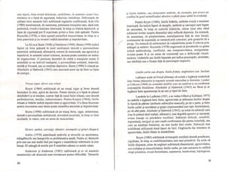 este lejeră, linia evocă delicateţe, sesibilitate; ÎIl anumite cazuri race
trimitere la o lipsă de siguranţă, indecizie, timiditate. Diferenţele de
calitate Între anumite linii subliniază regiunile conflictuale. Kim ehi
(1989) menţionează, de asemenea, presiunea trasajului care, dacă este
puternică, evocă o tensiune interioară, În timp cetrăirea depresivă şi
lipsa de siguranţă pot fi exprimate printr-o linie slab apăsată. Pentru
Reynolds (1978), o linie uşoară semnifică insecuritatea, În timp ce o
linie puternică şi cu reveniri indică anxietate şi impulsivitate.
La fel ca şi Buck (1948) şi Machover (1949), Burns (1990) indică
faptul că linia apăsată În mod neobişnuit denotă o personalitate
puternică, ambiţioasă, afirmativă, extrem de tensionată, sau agresivă şi
impulsivă; În anumite cazuri extreme, aceasta poate constitui un indice
de organicitate. O presiune deosebit de slabă a trasajului poate fi
asimilată cu un individ inadaptat, o personalitate ezitantă, indecisă,
timidă şi fricoasă, sau cu tendinţe depresive. Burns (1990) Îi citează pe
Altschuler şi Hattwick (1943) care asociază acest tip de linie cu lipsa
de energie.
Ti'asa} sigur, direct .l'au re/uat
Royer (1984) subliniază că un trasaj sigur şi ferm denotă
încredere în sine, spirit de decizie. Putem decela şi o lipsă în planul
deschiderii şi al intuiţiei, contrar faţă de cazul liniei reluate, care denotă
perfecţionism, intuiţie, indeterminare. Pentru Kopizz (1964), liniile
reluate şi Întărite indică impulsivitate şi agresivitate. O a doua încercare
pentru executarea unui desen poate semnifica anxietate şi impulsivitate.
Burns (1990) subliniază că un trasaj ferm, sigur, determinat,
denotă o personalitate ambiţioasă, dovedind securitate, în timp ce linia
oscilantă, în valuri, este un semn de insecuritate.
Striuri, umbre, caroiaje, tăieturi, estompări şi griuri (haşuri)
Aubin (1970) asimilează umbrele şi striurile cu anxietatea,
mâzgăliturile sau înnegririle cu problematica anală. Pentru el, tăieturile
prin una sau mai multe linii pot sugera o insatisfacţie referitoare la sine
însuşi. El adaugă că erorile pot fi asimilate adesea cu actele ratate.
Anderson şi Anderson (1965) subliniază şi ei că anumite
caracteristici ale desenului sunt revelatoare pentru dificultăţi. Tăieturi le
80
/
şi liniile Întărite, sau elementele umbrite, de exemplu, pot evoca un
conflict În jurul semnificaţiei afective a părţii puse astfel în evidenF.
Pentru Royer (1984), liniile întărite, umbrite evocă o tensiune
interioară. Ea indică faptul că dungile, umbrele şi caroiajul sunt legate
de anxietate, în timp ce culorile îndulcite, stinse (mai ales când
subiectul revine asupra desenului său) reflectă depresia. Ea notează,
de asemenea, că perplexitatea, nemulţumirea faţă de sine Însuşi,
sentimentul de neputinţă, se remarcă prin corecturi, prin gesturile de a
şterge. Ea notează că sentimentul de culpabilitate poate fi relevat prin
adăugiri şi umbriri. Reynolds (1978) sugerează că ştersături le cu guma
indică ambivalenţa, conflictul, sau compulsivitatea, nesiguranţa. ·
Acesta poate fi şi un semn de rezistenţă sau o deficienţă vizual-
motrice. Umbririle sau liniile haşurate pot indica preocupări, anxietate,
sau inhibiţie sau o fixaţie faţă de personajul respectiv.
Liniile curbe sau drepte, liniile jrânte, unghiu/are sau buc/ate
Lafrance arată că Freud afirmase că există o legătură simbolică
între forma obiectelor şi organele sexuale masculine şi feminine. Lessler
şi Erikson (196R) au semnalat studiile care au analizat şi au confirmat
concepţiile freudiene. Alschuler şi Hattwick (1943) au făcut şi ei
legătura între apartenenţa la un sex şi tipul de linie.
Lucrările lui Ludholm (1921; a se vedea Gilbert şi Kirkland, 1977)
au stabilit o legătură Între furie, agresivitate şi utilizarea liniilor drepte
în formă de pătrate (atribuite subiecţilor masculi), pe de o parte, şi între
liniile curbe şi seninătate şi graţie (reprezentând mai tipic feminitatea),
pe de altă parte. Alschuler şi Hattwick (1943), au notat că subiecţii care
erau în primul rând realişti, afirmativi, mai degrabă agresivi şi opozanţi,
aveau trasaje cu precădere rectilinii. Subiecţii delicaţi, sensibili,
dependenţi, nesiguri şi care caută confirmarea din partea celorlalţi, sau
care au tendinţe feminine, au mai multe linii curbe. Subiecţii mai
echilibraţi utilizează două tipuri de linii. Unghiurile fac trimitere la
agresivitate, liniile frânte la instabilitate.
Royer (1984) subliniază că trasajele rectilinii denotă ponderare,
rigiditate, în timp ce curbiliniaritatea este mai primitivă. Ea scrie că
liniile disjuncte, pline de unghiuri subliniază dinamismul, agresivitatea,
nervozitatea şi masculinitatea; liniile curbe, pe care autoarea le califică
drept primitive, evocă feminitatea, supunerea, bunăvoinţa, înţelegerea,
81
11 1
:nII
I
'u I
il
n
[J
!n I
III
n
n
li
l
 