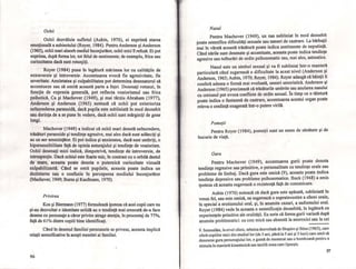 Ochii
Ochii dezvăluie sufletul (Aubin, 1970), ei exprimă starea
emoţională a subiectului (Royer, 1984). Pentru Anderson şi Anderson
(1965), ochii mari absorb mediul inconjumtor, ochii mici îl refuză. Ei pot
exprima, după forma lor, tot felul de sentimente; de exemplu, frica sau
curiozitatea daca sunt rotunjiţi.
Royer (1984) pune în legatura mărimea lor cu calitaţile de
extraversie şi introversie. Accentuarea evoca fie agresivitate, fie
severitate. Anxietatea şi culpabilitatea pot determina desenatorul sa
accentueze sau sa omita aceasta parte a feţei. Desenaţi rotunzi, În
funcţie de expresia generala, pot reflecta voaiorismul sau frica
psihotică. Ca şi Machover (1949), şi mai târziu Abraham (1977),
Anderson şi, Andţ:rson (1965) noteaza ca ochii pot exterioriza. .
neîncrederea paranoida, daca pupila este subliniata în mod deosebit
sau dorinţa ~e a se pune În vedere, daca ochii sunt marginiţi de gene
lungi.
Machover (1949) a indicat ca ochii mari denota neîncredere,
trasaturi paranoide şi tendinţe agresive, mai ales dacă sunt adânciţi şi
au un aer ameninţător. Ei pot itidica şi anxietatea, daca sunt umbriţi, o
hipersensibilitate faţa de opinia anturajului şi tendinţe de voaiorism.
Ochii desenaţi mici indică, dimpotriva, tendinţe de introversie, de
introspecţie. Daca ochiul este foarte mic, în contrast cli o orbita destul
de ' mare, aceasta poate denota o puternica curiozitate vizuala
culpabilizantă.Când se omit 'pupilele, aceasta poate indica un
dezinteres sau o confuzie în perceperea mediului înconjurător
(Machover, 1949; Bums şi Kaufinann, 1970).
Privirea
Kos şi Biermann (1977) formulează ipoteza ca acei copii care nu
şi-au dezvoltat o identitate solida au o tendinţa mai crescută de-a face
desene cu personaje a căror privire atrage atenţia, în procentaj de 77%,
faţă de 61% dintre copiii bine identificaţi.
Când în desenul familiei persoanele se privesc, aceasta implică
relaţii semnificative in aceşti membri ai familiei.
96
Nasul
Pentru Machover (1949), un nas subliniat În mod deosebit
poate semnifica dificult!iţi sexuale sau temeri de castrare. La barbaţii
mai în vârst!i aceast!i tr!is!itur!i poate indica sentimente de neputinţă.
Când narile sunt desenate şi accentuate, aceasta poate indica tendinţe
agresive sau tulbur!iri de ordin psihosomatic sau, mai ales, astmatice.
Nasul este un simbol sexual şi va fi subliniat într-o manier!i
particular!i când sugereaz!i o dificultate la acest nivel (Anderson şi
Anderson, 1965; Aubiti, 1970; Royer, 1984). Royer adaug!i c!i b!iieţii ii
. confer!i adesea o formă mai evoluat!i, uneori umoristică. Anderson şi
Anderson (1965) precizează c!i tras!iturile umbrite sau anularea nasului
cu creionul pot evoca conflicte de ordin sexual. În timp ce o t!iietur!i
poate indica o fantasmă de castrare, accentuarea acestui organ poate
releva o credinţă exagerat!i într-o putere viril!i.
Pomeţii
Pentru Royer (1984), pomeţii sunt un semn de săn!itate şi de
bucurie de viaţ!i.
Gura
Pentru Machover (1949), accentuarea gurii poate denota
tenditiţe regresive sau primitive, o personalitate cu tendinţe orale sau
probleme de limbaj. Dac!i gura este omis!i (9), aceasta poate indica
tendinţe depresive sau probleme psihosomatice. Buck (1948) a emis
ipoteza c!i aceasta sugerează o rezistenţ!i faţ!i de comunicare.
Aubin (1970) noteaz!i c!i dac!i gura este ap!isată, subliniată În
vreun fel, sau este omis!i, ea sugereaz!i o suprainvestire a sferei orale,
în special a erotismului oral, şi, în anumite cazuri, a sadismului oral.
Royer (1984) vede în aceastao semnificaţie deosebit!i, în leg!itură cu
experienţele primitive ale oralitâţii. Ea scrie c!i forma gurii variază dup!i
anumite problematici: ea este mică sau absent!i la anorexici sau la cei
9. Semnalăm, la nivel clinic, tehnica dezvoltată de Shapiro şi Stine (1965), care
oferă copiilor mici din studiul lor (de 3 ani, până la 5 ani şi 3 luni) care omit să
deseneze gura personajului lor, o gumă de mestecat sau o bomboană pentru a
stimula în manieră kinestezică sau tactilă zona care lipseşte.
97
I
I
I I
~II,
I
..,
,1
,
1 I
'~ I
' 
1 i
li"
ti
 i
1 i.,1
 