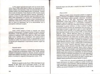 La fete, pieptul sugerează preocupări orale sau sexuale (Aubin,
1970). Royer (1984) indică faptul că băieţi i care desenează sâni au
adesea conflicte orale importante. Fetele care desenează sâni pot avea
aceleaşi conflicte, dar această trăsătură poate, de asemenea, constitui
doar un indice de feminitate. Pentru Machover (1949), formele rotunjite
la nivelul trunchiului sugerează tendinţe feminine, dependente şi
regresive, în timp ce formele unghiulare sugerează tendiţe masculine.
Buck (1984) semnalează că un trunchi mic, disproporţionat, poate
constitui un indice de negare a pulsiunilor, şi/sau al sentimentelor de
inferioritate. Pentru Aubin (1970) şi Royer (1984), desenarea buricului
este un indice de dependenţă, dar şi de obsesionalitate sau al
preocupărilor referitoare la naştere.
Talia (bazinul, fesele)
Aubin (1970) notează că fesele şi coapsele sunt adesea
subliniate la homosexuali. EI adaugă că bazinul, la femeie, semnifică
fecunditatea. O talie fină sugerează o stăpânire fragilă a sexualităţii.
Anderson şi Anderson (1965) indică faptul că o talie foarte strânsă
poate evoca o inhibiţie sau o constrângere, între puterea fizică a
bărbatului, sau funcţia nutritivă a femeii, şi zona genitală. Aceasta
semnifică un conflict. Ei au indicat că adesea conflictele cele mai grave
se exprimă prin transparenţa în reprezentarea anumitor organe ale
corpului.
Organele interne
Reprezentările viscerale au o semnificaţie patologică (Royer,
1984), de manie sau de schizofrenie (Aubin, 1970). În fine, subiecţii
neliniştiţi de funcţionarea corpului lor, schizoizii, narcisicii, ipohondrii
insistă asupra detaliilor articulaţiilor, între altele datorită imaturităţii sau
pentru a se proteja de o angoasă de dezorganizare (Aubin, 1970).
Organele sexuale
Referitor la organele sexuale, Royer (1984) indică faptul că sunt
desenate de către copiii care au preocupări sexuale, şi de către
schizofreni. Ea adaugă că de obicei această reprezentare este
100
deplasată asupra unei alte părţi a corpului sau asupra unui detaliu
vestimentar.
Braţe şi mâini
Mâinile şi braţele trebuie interpretate simbolic ca organe de
conta6t-cu anturajul şi de stăpânire a mediului (Anderson şi Anderson,
1965). Forma braţelor indică aspiraţiile subiectului, încrederea,
siguranţa, sau, pe de altă parte, insecuritatea, agresivitatea,
culpabilitatea. Pentru Buck (1948) şi Machover (1949), braţele
înţepenite sugerează rigiditatea. şi o personalitate compulsivă şi
inhibată. Machover (1949) face observaţia că braţele moi denotă o
personalitate în general ineficace, în timp ce pumnii în şolduri
semnalează tendinţe narcisice sau dominatoare bine dezvoltate. Ea
indică faptul că braţele în unghi drept în raport cu corpul sugerează o
personalitate simplă, regresată, cu un contact superficial şi lipsită de
afectivitate faţă de anturaj. La fel ca şi Buck (1948), ea crede că braţele
plăpânde, uşoare, reflectă slăbiciune fi.zică şi un sentiment de
inadecvare; braţele lungi şi puternice indică ambiţie compensatorie,
nevoia de forţă fizică şi de contact activ cu mediul. Aubin (1970)
consideră, de asemenea, că braţele deschise denotă sociabilitate. Dacă
sunt căzute fără tonus, pot indica o atitudine de renunţare. O linie
simplă sugerează infantilism. Royer (1984) adaugă că direcţia şi forma
braţelor evocă intensitatea energiei. Ambiţia poate fi simbolizată prin
braţe lungi şi solide. Aspectul slăbiciunii braţelor poate evoca
imposibilitatea realizării personale. Reynolds (1978) vede în braţele
întinse o nevoie de control al mediului. Buck (1948) şi Burns şi
Kaufmann (1970) notează că braţele scurte sugerează lipsa de ambiţie,
absenţa voinţei. Machover (1949) semnalează că absenţa braţelor şi a
mâinilor poate indica sentimente de culpabilitate, sau depresia extremă.
Omiterea braţelor în desenarea personajelor de sex opus sugerează că
subiectul se simte respins de către părintele de sex opus. Burns (1990)
subliniază că uitarea sau suprainvestirea unei părţi a corpului este o
trăsătură clinică semnificativă în desenul familiei în mişcare.
Aubin (1970) scrie, de acord cu predecesorii săi, că mâinile şi
braţele sunt membre de contact cu ceilalţi şi cu mediul. Acestea sunt
organe de explorare a lumii exterioare. Uitate sau trasate într-o manieră
vagă, mâinile indică o lipsă de siguranţă în contactele sociale. Ele pot fi
umbrite, sau ascunse în buzunare în caz de culpabilitate sexuală sau de
101
'
rr
I .• I
I
~I
1; I
IIi I
) ~
JI~ !
I :
fA
!
r-'
! '
j .: I
li I
I
i
I I
 