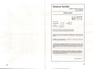 134
Desenul familiei
Nume şi prenune:,
Numărul subiectului
Exam imtor: .
Tim p de execu~e
Co/ette Jourdan-Ionescu şi
Joan Lachance
Grilă de cotare
M F
CI Sex I Xl
[-7~;;~5"-)
Anul Luna Ziua
Data exam inării 1997 05 03
Data naşt<rii 1998 10 03
Vârsta 7 7 00
1. Observarea subiectului pe timpul administrării testului
a. Aparenta: De labe nJ!die, Francis pare sănătos. Este fmbrăcal adecvat şi ...imphl. Puţin timid, IlU
il1drăzneşle ~ privea.~.:ă prea mull examina/Darea fII timpul prezentării, dar o urm!ază b,euros ÎI, .JOia
de testare
b. Limbajul: Cu excepţia pronunţăr;; lui "s", preschimbal Î/I "ş", vorbeşte clar şi articularea saesle
bună. Are o voce lIioaie şi debihll este fluid ........................
c. Atitudinea subiectului, spontaneitatea şi ini,iativa: Este un copi/piu/, sociabil, sili/or. Vorbelte
la inceput, apoi se concentrează asupra sardnii sale şi Începe să vorbească din 1l0U pentru a intreba
dacă poate s6 adauge ceva (pisicile sale). fndemnulexaminatoarei de-a desellaceea ce doreşte, iliace să
se simtd mai in largul săli. Devine mai spontan la sjdrşitul testării şi manifestă iniţiativă in cadrolpus la
dispoz;/ie
Maniera de relaţionare: Urmează adu/tul cu oarecaJe timiditate, dar.fără teamă, şi este satisfăcut de-a
fi obiectulatenţiei acel·tula. Se aşează şi aşteaptă illstrucp,mile. Se străduieşte slI arate adultulul ceea ce
poate. şi sd-iftcăpe plac (aranjeazăcutia de culori şi pUlle creioane/! hlOpOi 111 suport după utilizarea
lor). Doved!şte, de asemefl!Q, nevoe de aprobare.
Desenul familiei" J
135
 