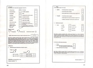4.1 Tras.jul'
Se in=ieşte tipul de trasaj când se repetă pentru aceeaşi linie
• Trasaj continuu
• Trasaj discontinuu
• Trasaj apAsat
• T...aj lejer
• Trasaj sigur. dillct
• T...aj reluat
• Pointilism
• Striuri, lJllbn; caroiaj
• Estompare, griuri
• TAieturi QJ aeionaul.
ftaituri OJ guma
• Linii wrbe
Orientarea tlUajului:
x
x
x
• Linii drepte
• Unii fute, unghiulare
• Bucle
• Accentuarea liniei centrn1e verticale
• Accentuarea oriwntalci
• Pete şi porţiuni innegrite
• Aspect murdar, mâzgăl.it
• Exces de precizie În detalii
• Părţi IAsate albe, se precizează care:
Centru dreapta ..
• Alte partiwlaritlţi. se precizează care..
Delimitarea tntre par/ea de Sili' şi de jru' a
foII
x
x
x
o De<tro~rD 1)Si.istro~r D Cele două sensuri alternativ D
+ +/-
BogiIi. şi sin1ci. deaenului din punet de vedere al oompletitudinii aceatuia: X
Fapte ieşite in evidenţl şi oomentarii clinice: Analiza Irasajului (ool1tinuu, apăsat, :igur) şi pre!erin/a
puntTII rectiliniarl/at.. Indic:il o personalilate aclivil. sigwll. dar şi controlall. Liniile drepte pun In
""den/4 mascullni/area. Aspedulfinal al lksenulull!fte mediu: nu este nici rafinament, nid mdzgăJealll.
Zona goaIiJ (C1!IItTll-dreap/a) poat. semnala un oonftct sau o I,tudic/I.. Ia nivelul reallziJril Eului. De
altfel, desenul est. bogat prin abundm/a elementelor, demonstrând, tn aceiaşi timp o silrilci. a calită/ii
acestora. 'Acest. auaclutstld pol fi legat. In special d. dTsta copilului, dar şi de tipul siJu de
personalitate: el est. mat pu/lnlnteresat de mlnu/lozllate, şi mai mult de culoare, de aspectul animat al
de.unulul. Est. mat p-eocupol de efectul ansamblului d«4t de luuul minuţia< aldetalii/a.
4.1 DbpUD......
.. Allnl_tulftJtmd 0/ Iks."ulul (se utilizt:a1ll un raportor)
• Dreapta: 7 1S' l2l
'De<~r0
- Mi.... : (16'1. 80")
• Major: (81'1. 180")
• AC:.u&l cllÎif..aro o. inIpir."dupi RDyor (1984).
Desenul familiei • 6
140
• Sinistrogir 0
Mi.... : (16'1080")
Major: (81'1. 180")
Dislan/D
(model: lun~meo Ira(ului cel mai lung)
Regulată: • Normală (aproxinativ o lungime re bIBIl
Excesivă (mai mult de o lungine)
Redusi ('paJiul interior al unui b"l care fuce un unghi de 45")
Neregulită: Excesivă (mai mult de o lungine)
Redusi (spaţiu mai mi: decât al unui bIBlia un unghi de 45")
ÎncAlaale, se precizeazA: Cerul trece peste croperişu/ ca'lei
b. OasiflClU'ea persoMjelor
Criterii - pe vârstă
~.~-'- pe înălpme - copii 1n centru
- pe sex - alte aiterii
- pe familii - flrl criteriu
§
w
~Fapte ieşite În evidenţă şi comentarii clinice: Alinierea este dreaplă, ceea ce indică o funcţionare
normală. Neregularilalea dislanjelor, pu/in mai mare intre Simon şi mamă, şi filtre aceasla şi Iolă, ca şi
clasificarea pe generaţii pot tejlecta o tendinfă ek-a pure o oarecare distanţă filtre copii şi părillli, mai
ales intre Simon şi mamă; DCeQS/Q poate, de asemenea indica o proximitate afectivă (poate afectată ci!
ambivalellfă) inlre copii.
4.1 Persewr..e. (Stereotipii elementelor)
Niciuna
Minori (perseverare la un ~rson~ sau reţetarea unuia
sau a câtorvaelemente amai multe personaje)
Maj orli (rediferenJiere intre personaj e)
wFapte ieşite in evidenţA şi comenilrii clinice: La această vdrstă. perseverarea InI esle CII ad!vărat lin
indice patologic, mai ales cdnd este vorba de reproducerea personajelor care 011 În mare aceeaşiformă.
La Iimilll, ea .mnakazi1 o relativd imatur/lale
Desenul familiei • 7
141
l'
liI I
r i
il
fi
i '
n
n!I
n
n
fi
I
1;
fi
u
1 1
 