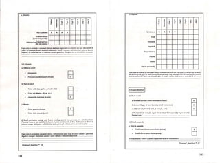 .. Slmdnll
Nld o problanl
Probleme minore
(Utoare nerogularilili)
Probleme majore
(diferenţe bi..,.olntre cele doui
plrţi ale corpului)
!
X
l -
8-;;"
~
u
X X
'" M .. - '"
8- :s. 8- ă ao ;( ;(
u u u
X
. - -
Fapte ieşite În evidentA şi Comentarii clinice: jumătatea superioară a a corplliui este uşor descf!IItrată in
raport cu jumătatea de jos. Ansamblul elementelor indial o oarecare deschidere spre aIIturaj (poziţia
bralelor), un contact adeCWlI cu realitatea (poziţia gambeJor). Nu apare nici un dezechilibru accentuat.
4.8. Culo.....
II. UI/liuuetl cu/onl
Monoaomie
@Poliaomio (numlr d. adori utilime)
b. lipll de cu/ori
Culori calde ~roşu, galben, portocaliu, etc.)
@Culori n:ci (albutru, alb, sri, etc.)
Amestec din dool tipuri de culori
.. Nuanţe
Culori puternice (intense)
EjCulori dulci, atenuate (P8Stel)
ti. DdaJii particulare, precizati care: Francls evocll apropieril~ Intre personaje prin culorile utilizate:
Francls şi mama sa SIJIII am4ndolln albastru şi pisica este desenallJ cu bieti. Tată/, mama şi Simon au
culoarea orange, lallJlpentru Imbr/lelJmlnte, mama pentru pă' şi Simon pentrrt conturul corpulut ............
Fapte ieşite in evidentA şi oomentarii clinice: Utilizarea unei game largi de c"lori reflectă o ajecJivUate
bogat6 şi nuanţfl/d InlensilaJea anumita culori reflectă o irtensilale emoţională
Desenul familiei * 10
144
4.9 Expresia
{ .IJ. - .... M .. - ....
~ ! ! ! ! ~ il
... e
.(
~
Surâzătoare X X X X
Trist!
NeliniştilA
Agresivi
Dezaprobatcare
Placidl '
Stranie
Alta (se preci;rează)
Fapte ieşite in evidenţă şi comentarii clinice: Atitudinea afectivă care este pusă fn evidenfă este un surâs,
dar acesta nu este lafol de vizibilpentruJiecare personaj. Este maipulin vizibil fII cazul tatilhli, ceea ce
poate semn!ficacli Francij' este maipulin sigur de emoţiile latillui, sau de ceea ~ simte faţă de el ..
5. Aspect detaliat
S.1 TIp de detalii
~
II. Esenflak (necesare pentru recunoaşterea formei)
b. Accesorii (legat: de tema wsenului, detalii vestimentare)
c. Adiţionale (depArtate w tem Ii. w e.emplu, norii)
ti. Neobişnuite (de exern plu. orga", inter", vA21Ite În transparenti şi ors"e ",.uale)
Precizari care:
S,I Detalii corporale
II. Nivel de ansamblu
Oetalîi asemlin'ltoare pentruliecare persoroj
Detalii diferite pentru liecare personaj tj
Prccizltp detaliile: Hainele şijorma corpului suntdestul de asemănlitoare.
Desenul familiei * 11
145
r
1 I
'-11 :I I
II
Ii
ni i
I I
nI :
1:
I }
1'-1
i :
1:
(-""'
I '
[ :. I
r -,
I :
I
Id
 