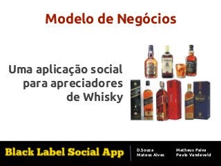 Modelo de Negócios

Uma aplicação social
para apreciadores
de Whisky

D.Souza
Mateus Alves

Matheus Paiva
Paulo Vandeveld

 