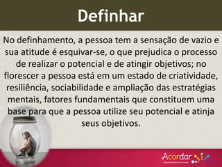 No definhamento, a pessoa tem a sensação de vazio e
sua atitude é esquivar-se, o que prejudica o processo
de realizar o potencial e de atingir objetivos; no
florescer a pessoa está em um estado de criatividade,
resiliência, sociabilidade e ampliação das estratégias
mentais, fatores fundamentais que constituem uma
base para que a pessoa utilize seu potencial e atinja
seus objetivos.
Definhar
 