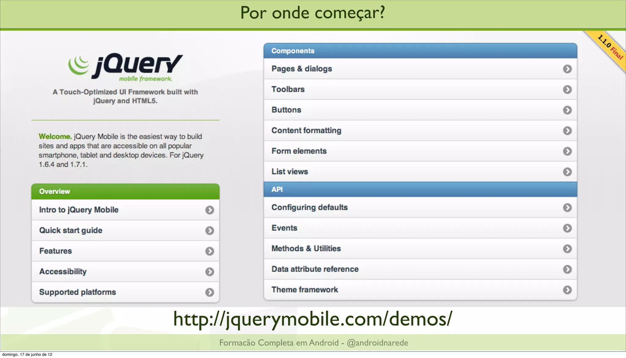 Por onde começar?




                             http://jquerymobile.com/demos/
                                 Formacão Completa em Android - @androidnarede
domingo, 17 de junho de 12
 