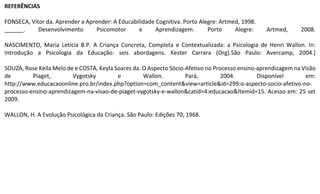 REFERÊNCIAS
FONSECA, Vitor da. Aprender a Aprender: A Educabilidade Cognitiva. Porto Alegre: Artmed, 1998.
______. Desenvolvimento Psicomotor e Aprendizagem. Porto Alegre: Artmed, 2008.
NASCIMENTO, Maria Letícia B.P. A Criança Concreta, Completa e Contextualizada: a Psicologia de Henri Wallon. In:
Introdução a Psicologia da Educação: seis abordagens. Kester Carrara (Org).São Paulo: Avercamp, 2004.]
SOUZA, Rose Keila Melo de e COSTA, Keyla Soares da. O Aspecto Sócio-Afetivo no Processo ensino-aprendizagem na Visão
de Piaget, Vygotsky e Wallon. Pará, 2004. Disponível em:
http://www.educacaoonline.pro.br/index.php?option=com_content&view=article&id=299:o-aspecto-socio-afetivo-no-
processo-ensino-aprendizagem-na-visao-de-piaget-vygotsky-e-wallon&catid=4:educacao&Itemid=15. Acesso em: 25 set
2009.
WALLON, H. A Evolução Psicológica da Criança. São Paulo: Edições 70, 1968.
 