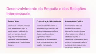 Desenvolvimento da Empatia e das Relações
Interpessoais
Escuta Ativa
Desenvolver a empatia passa por
ouvir atentamente o outro. A
escuta ativa é a habilidade de
ouvir com atenção, fazendo
perguntas relevantes e não
julgamento para compreender
verdadeiramente o ponto de vista
do outro.
Comunicação Não-Violenta
A comunicação não-violenta é
uma metodologia que busca nos
ajudar a nos expressar de forma
clara e empática, evitando
julgamentos, críticas e
hostilidades. É uma ferramenta
eficaz no desenvolvimento das
relações interpessoais.
Pensamento Crítico
O pensamento crítico é a
capacidade de analisar
informações e pontos de vista
diferentes com uma atitude de
abertura e respeito. Ao
desenvolver o pensamento crítico,
podemos compreender melhor o
outro e construir relações mais
saudáveis e duradouras.
 
