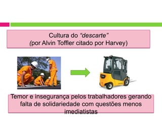 Cultura do “descarte”
      (por Alvin Toffler citado por Harvey)




Temor e insegurança pelos trabalhadores gerando
   falta de solidariedade com questões menos
                     imediatistas
 