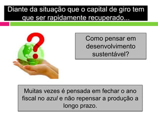 Diante da situação que o capital de giro tem
    que ser rapidamente recuperado...

                          Como pensar em
                          desenvolvimento
                            sustentável?




     Muitas vezes é pensada em fechar o ano
    fiscal no azul e não repensar a produção a
                    longo prazo.
 