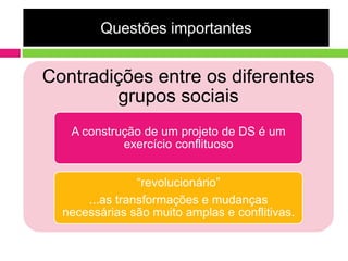 Questões importantes


Contradições entre os diferentes
        grupos sociais
   A construção de um projeto de DS é um
            exercício conflituoso


                “revolucionário”
      ...as transformações e mudanças
  necessárias são muito amplas e conflitivas.
 