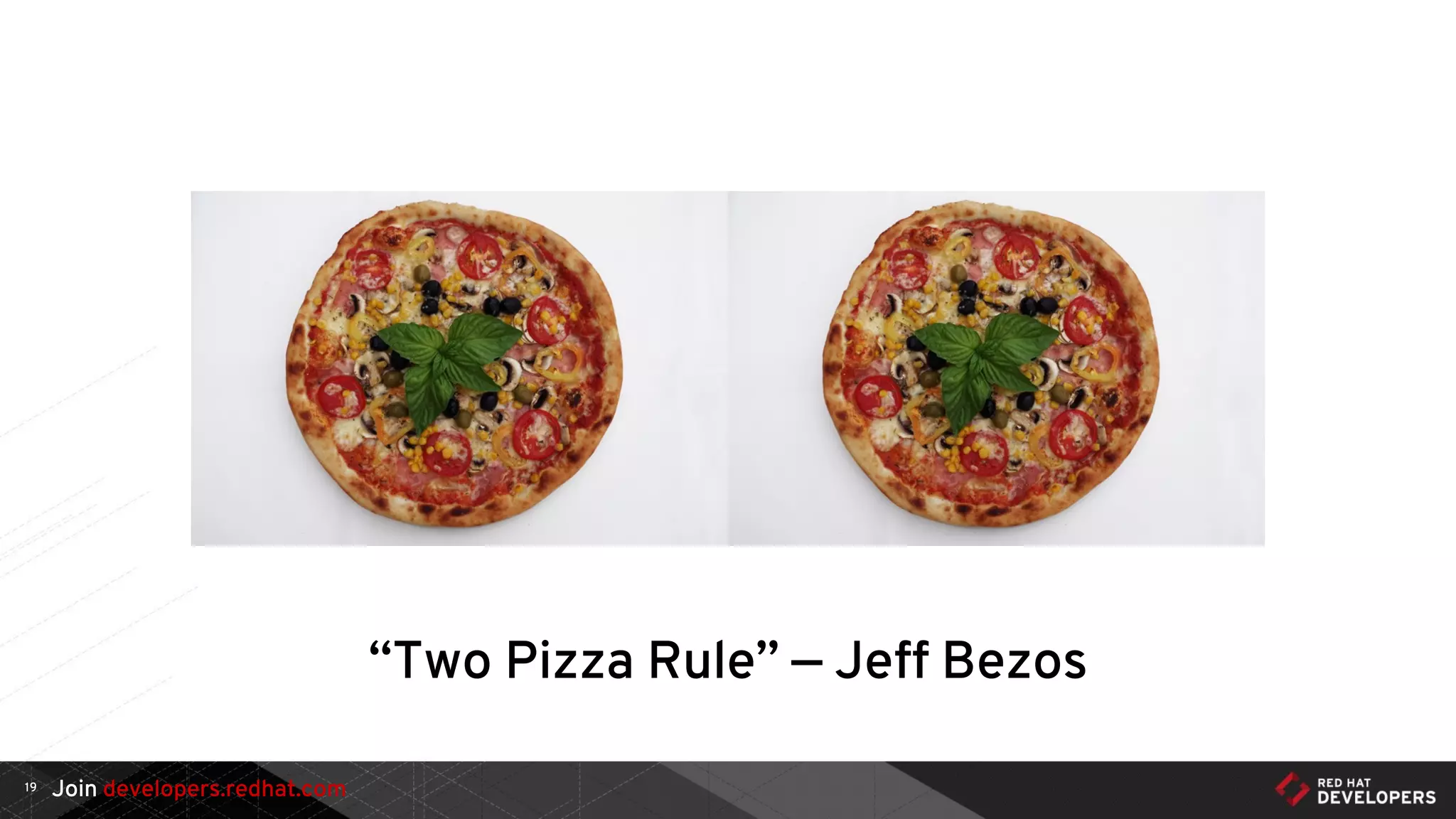 Join developers.redhat.com19
“Two Pizza Rule” — Jeff Bezos
 