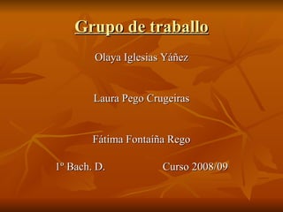 Grupo de traballo Olaya Iglesias Yáñez Laura Pego Crugeiras Fátima Fontaíña Rego 1º Bach. D.  Curso 2008/09 