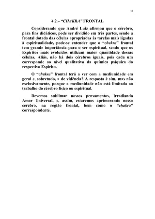 33
4.2 – “CHAKRA” FRONTAL
Considerando que André Luiz afirmou que o cérebro,
para fins didáticos, pode ser dividido em três partes, sendo a
frontal dotada das células apropriadas às tarefas mais ligadas
à espiritualidade, pode-se entender que o “chakra” frontal
tem grande importância para o ser espiritual, sendo que os
Espíritos mais evoluídos utilizam maior quantidade dessas
células. Aliás, não há dois cérebros iguais, pois cada um
corresponde ao nível qualitativo da química psíquica do
respectivo Espírito.
O “chakra” frontal terá a ver com a mediunidade em
geral e, sobretudo, a de vidência? A resposta é sim, mas não
exclusivamente, porque a mediunidade não está limitada ao
trabalho do cérebro físico ou espiritual.
Devemos sublimar nossos pensamentos, irradiando
Amor Universal, e, assim, estaremos aprimorando nosso
cérebro, na região frontal, bem como o “chakra”
correspondente.
 