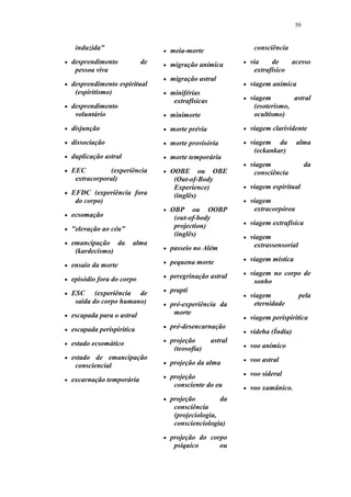 50
induzida"
 desprendimento de
pessoa viva
 desprendimento espiritual
(espiritismo)
 desprendimento
voluntário
 disjunção
 dissociação
 duplicação astral
 EEC (experiência
extracorporal)
 EFDC (experiência fora
do corpo)
 ecsomação
 "elevação ao céu"
 emancipação da alma
(kardecismo)
 ensaio da morte
 episódio fora do corpo
 ESC (experiência de
saída do corpo humano)
 escapada para o astral
 escapada perispirítica
 estado ecsomático
 estado de emancipação
consciencial
 excarnação temporária
 meia-morte
 migração anímica
 migração astral
 miniférias
extrafísicas
 minimorte
 morte prévia
 morte provisória
 morte temporária
 OOBE ou OBE
(Out-of-Body
Experience)
(inglês)
 OBP ou OOBP
(out-of-body
projection)
(inglês)
 passeio no Além
 pequena morte
 peregrinação astral
 prapti
 pré-experiência da
morte
 pré-desencarnação
 projeção astral
(teosofia)
 projeção da alma
 projeção
consciente do eu
 projeção da
consciência
(projeciologia,
conscienciologia)
 projeção do corpo
psíquico ou
consciência
 via de acesso
extrafísico
 viagem anímica
 viagem astral
(esoterismo,
ocultismo)
 viagem clarividente
 viagem da alma
(eckankar)
 viagem da
consciência
 viagem espiritual
 viagem
extracorpórea
 viagem extrafísica
 viagem
extrassensorial
 viagem mística
 viagem no corpo de
sonho
 viagem pela
eternidade
 viagem perispirítica
 videha (Índia)
 voo anímico
 voo astral
 voo sideral
 voo xamânico.
 
