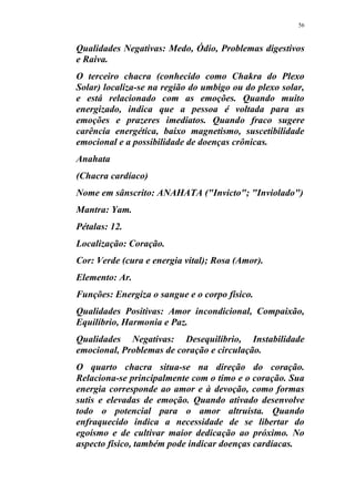 56
Qualidades Negativas: Medo, Ódio, Problemas digestivos
e Raiva.
O terceiro chacra (conhecido como Chakra do Plexo
Solar) localiza-se na região do umbigo ou do plexo solar,
e está relacionado com as emoções. Quando muito
energizado, indica que a pessoa é voltada para as
emoções e prazeres imediatos. Quando fraco sugere
carência energética, baixo magnetismo, suscetibilidade
emocional e a possibilidade de doenças crônicas.
Anahata
(Chacra cardíaco)
Nome em sânscrito: ANAHATA ("Invicto"; "Inviolado")
Mantra: Yam.
Pétalas: 12.
Localização: Coração.
Cor: Verde (cura e energia vital); Rosa (Amor).
Elemento: Ar.
Funções: Energiza o sangue e o corpo físico.
Qualidades Positivas: Amor incondicional, Compaixão,
Equilíbrio, Harmonia e Paz.
Qualidades Negativas: Desequilíbrio, Instabilidade
emocional, Problemas de coração e circulação.
O quarto chacra situa-se na direção do coração.
Relaciona-se principalmente com o timo e o coração. Sua
energia corresponde ao amor e à devoção, como formas
sutis e elevadas de emoção. Quando ativado desenvolve
todo o potencial para o amor altruísta. Quando
enfraquecido indica a necessidade de se libertar do
egoísmo e de cultivar maior dedicação ao próximo. No
aspecto físico, também pode indicar doenças cardíacas.
 