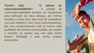 Terceiro pilar - “A atitude da
autorresponsabilidade”: A atitude de
autorresponsabilidade envolve: ser responsável
pela realização de meus desejos, por minhas
escolhas e meus atos, pelo nível de consciência
com que trabalho e vivo meus relacionamentos,
por meu comportamento com os outros, pela
qualidade das minhas comunicações, por aceitar
e escolher os valores que vivo pela minha
própria felicidade e pela minha própria
autoestima.
 
