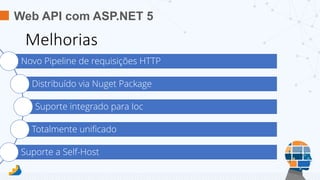 Web API com ASP.NET 5
Melhorias
Novo Pipeline de requisições HTTP
Distribuído via Nuget Package
Suporte integrado para Ioc
Totalmente unificado
Suporte a Self-Host
 