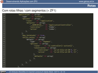 Desenvolvendo Aplicações com ZF2 www.galvao.eti.br 
Rotas 
Com rotas filhas / com segmentos (≃ ZF1) 
CC Attribution-ShareAlike 3.0 Unported License by Er Galvão Abbott - 9/27/14 - 22 / 34 
 