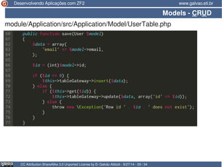 Desenvolvendo Aplicações com ZF2 www.galvao.eti.br 
Models - CRUD 
module/Application/src/Application/Model/UserTable.php 
CC Attribution-ShareAlike 3.0 Unported License by Er Galvão Abbott - 9/27/14 - 29 / 34 
 