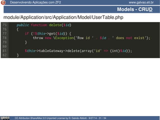 Desenvolvendo Aplicações com ZF2 www.galvao.eti.br 
Models - CRUD 
module/Application/src/Application/Model/UserTable.php 
CC Attribution-ShareAlike 3.0 Unported License by Er Galvão Abbott - 9/27/14 - 31 / 34 
 