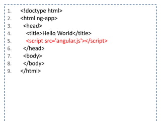 1.
2.
3.
4.
5.
6.
7.
8.
9.

<!doctype html>
<html ng-app>
<head>
<title>Hello World</title>
<script src='angular.js'></script>
</head>
<body>
</body>
</html>

 