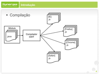 Introdução


 Compilação              [IE]
                          .js



 Módulo                              [Firefox]
                                     .js
             Compilador
.java          GWT

                                      [Chrome]
                                      .js



                          [Safari]
                          .js




                                                 4
 