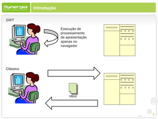 Introdução

GWT

                        Execução de
                        processamento
                        de apresentação
                        apenas no
                        navegador




Clássico




                             Html




                                          7
 