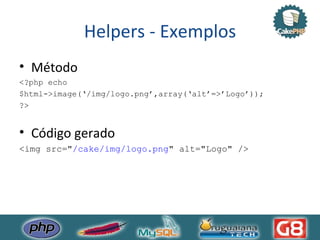 Helpers - Exemplos Método <?php echo  $html->image(‘/img/logo.png’,array(‘alt’=>’Logo’)); ?> Código gerado <img src=" /cake/img/logo.png " alt="Logo" />  