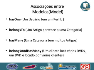 Associações entre  Modelos(Model) hasOne  (Um Usuário tem um Perfil. ) belongsTo  (Um Artigo pertence a uma Categoria) hasMany  (Uma Categoria tem muitos Artigos) belongsAndHasMany  (Um cliente loca vários DVDs , um DVD é locado por vários clientes) 