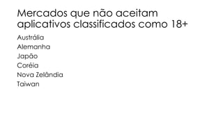 Mercados que não aceitam
aplicativos classificados como 18+
Austrália
Alemanha
Japão
Coréia
Nova Zelândia
Taiwan

 