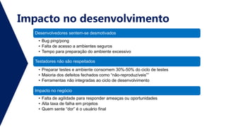 Impacto no desenvolvimento
Desenvolvedores sentem-se desmotivados
• Bug ping/pong
• Falta de acesso a ambientes seguros
• Tempo para preparação do ambiente excessivo
Testadores não são respeitados
• Preparar testes e ambiente consomem 30%-50% do ciclo de testes
• Maioria dos defeitos fechados como “não-reproduzíveis””
• Ferramentas não integradas ao ciclo de desenvolvimento
Impacto no negócio
• Falta de agilidade para responder ameaças ou oportunidades
• Alta taxa de falha em projetos
• Quem sente “dor” é o usuário final
 