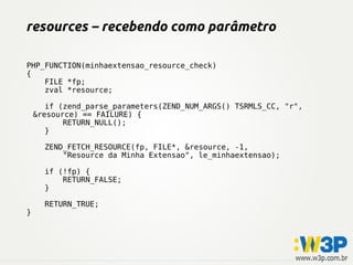 resources – recebendo como parâmetro

PHP_FUNCTION(minhaextensao_resource_check)
{
    FILE *fp;
    zval *resource;

       if (zend_parse_parameters(ZEND_NUM_ARGS() TSRMLS_CC, "r",
    &resource) == FAILURE) {
           RETURN_NULL();
       }

      ZEND_FETCH_RESOURCE(fp, FILE*, &resource, -1,
          "Resource da Minha Extensao", le_minhaextensao);

      if (!fp) {
          RETURN_FALSE;
      }

      RETURN_TRUE;
}
 