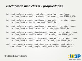 Declarando uma classe - propriedades

 int zend_declare_property(zend_class_entry *ce, char *name,
     int name_length, zval *property, int access_type TSRMLS_DC);

 int zend_declare_property_null(zend_class_entry *ce, char *name,
     int name_length, int access_type TSRMLS_DC);

 int zend_declare_property_bool(zend_class_entry *ce, char *name,
     int name_length, long value, int access_type TSRMLS_DC);

 int zend_declare_property_double(zend_class_entry *ce, char *name,
     int name_length, double value, int access_type TSRMLS_DC);

 int zend_declare_property_string(zend_class_entry *ce, char *name,
     int name_length, char *value, int access_type TSRMLS_DC);

 zval *zend_read_property(zend_class_entry *scope, zval *object,
     char *name, int name_length, zend_bool silent TSRMLS_DC);




Créditos: Erick Tedeschi
 